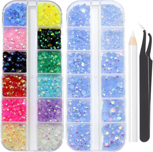 Vista 12 de 3520 diamantes de imitación de uñas color dorado champán para uñas, multiformas con parte trasera plana, diamantes de imitación redondos