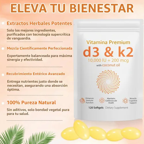 Vista 3 de Vitamina D3 K2 de 10000 UI – 240 cápsulas blandas de aceite de coco virgen, suplemento complejo de vitamina D y K 2 en 1, cápsulas blandas de apoyo