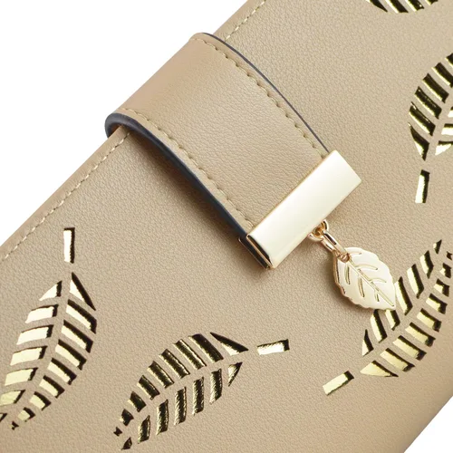 Vista 3 de Cartera clutch con cierre y hebilla, cartera larga porta tarjetas de cuero para mujer, L, Caqui