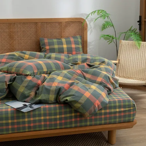 Vista 6 de VM VOUGEMARKET - Juego de funda de edredón a cuadros de tamaño individual XL, ropa de cama de color verde, gris y naranja, algodón lavado, con 2