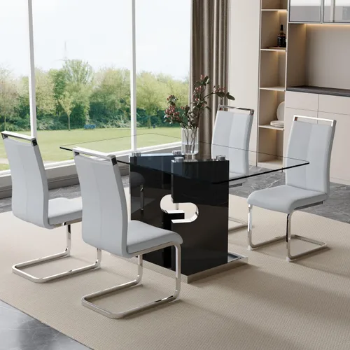 Vista 21 de Juego de 4 mesas de comedor de cristal, juego de mesa de comedor de Mesa negra+silla negra