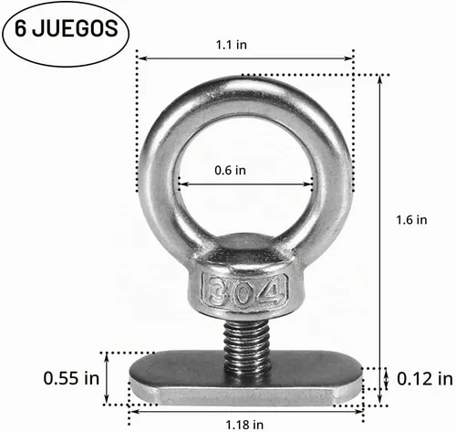 Vista 2 de Paquete de 6 rieles de acero inoxidable para kayak, riel con ojales para kayak, canoa, barco, cuerda elástica o cuerdas