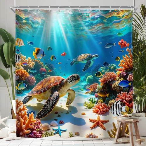 Vista 10 de Riyidecor Cortina de ducha con diseño de tortuga marina, playa, océano, náutico, versículo bíblico náutico, pez azul cristiano, conchas marinas