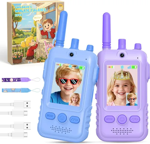 Vista 11 de Walkie Talkies de video recargables para niños: 1.5 veces más duración de Rosado/Azul