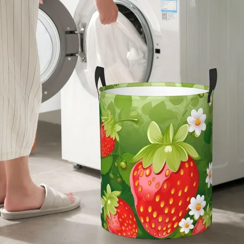 Vista 7 de Strawberry and flower print Circular Hamper Waterproof Storage Bin Organizer Basket Laundry Hamper With Handles For Clothes Toys Small