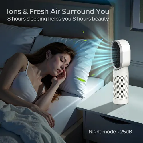 Vista 5 de QUEENTY Purificador de aire de escritorio para oficina con filtro HEPA H13, ionizador, salida cara a cara y soplado de aire oscilante para ayudarte