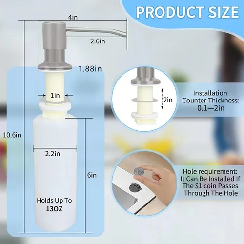 Vista 2 de Dispensador de jabón para platos para fregadero de cocina de níquel cepillado, dispensador de jabón para debajo del fregadero con cabezal de bomba