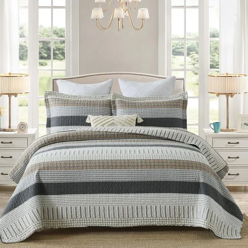 Vista 9 de Y-PLWOMEN Colcha tamaño Queen – Colcha reversible de 100% algodón a rayas estilo granja, ligera, acogedora y moderna, ropa de cama de campo para Azul