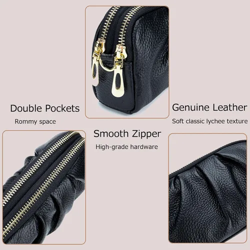 Vista 4 de Billeteras de pulsera para mujer, de piel auténtica, monederos fruncidos para mujer, cartera de mano