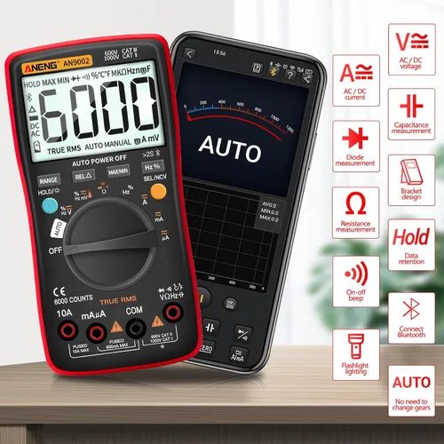 Vista 2 de ANENG - Multímetro digital con Bluetooth, probador auto-rango TRMS 6000 conteos, ohmímetro para voltaje AC/DC, corriente, resistencia, continuidad