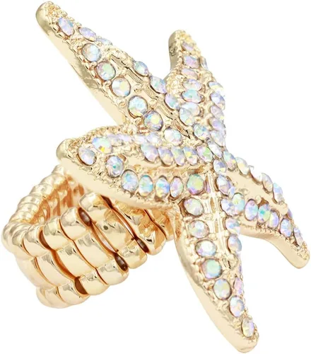 Vista 4 de Lavencious Anillo elástico con diseño de estrella de mar para mujer, talla 7-9, Diamantes de, Diamantes de imitación