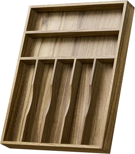 Vista 8 de Kiasthome Organizador de Cajón de Cubiertos de Madera de Acacia, Organizador de Cajón de Utensilios de Cocina con Divisores Ranurados, Organizador