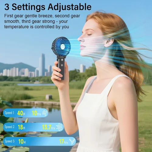 Vista 5 de HandFan Ventilador de mano portátil de 10400 mAh, ventilador de mano de larga duración de 40 horas recargable, mini ventiladores personales Hoja azul