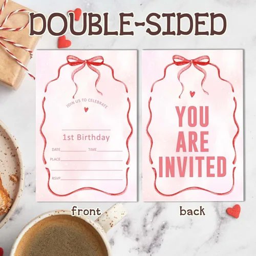 Vista 3 de ukebobo 20 invitaciones de fiesta de primer cumpleaños con lazo rosa, lindas invitaciones minimalistas de cumpleaños para niñas y niños, tarjetas