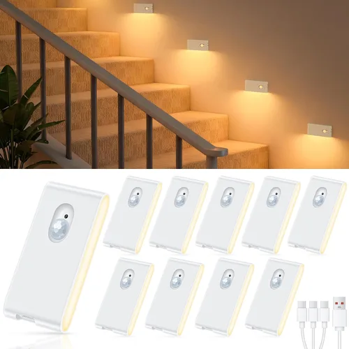 Vista 10 de WILLED Luz nocturna recargable, luces inalámbricas para escaleras para interiores, luz blanca cálida con sensor de movimiento para interiores, se