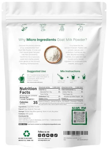 Vista 2 de Micro Ingredients Polvo de Leche de Cabra, 1 Libra Origen Australiano de Vacas Alimentadas con Pasto Fórmula Pura, Fácilmente Digestible Alta