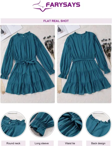 Vista 4 de FARYSAYS Vestidos de mujer 2023 de manga larga con volantes en la cintura, lazo casual escalonado, acampanado, mini vestido con vuelo