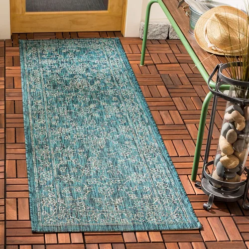 Vista 82 de SAFAVIEH Alfombra lavable al aire libre, colección Courtyard - 2'3" x 5', azul aguamarina y gris, no desprende pelusa y fácil limpieza, ideal