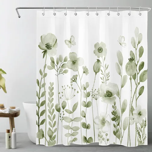 Vista 11 de Cortina de ducha con diseño bohemio de plantas y flores de acuarela sobre fondo beige, cortina de ducha de baño con hojas naturales, cortina