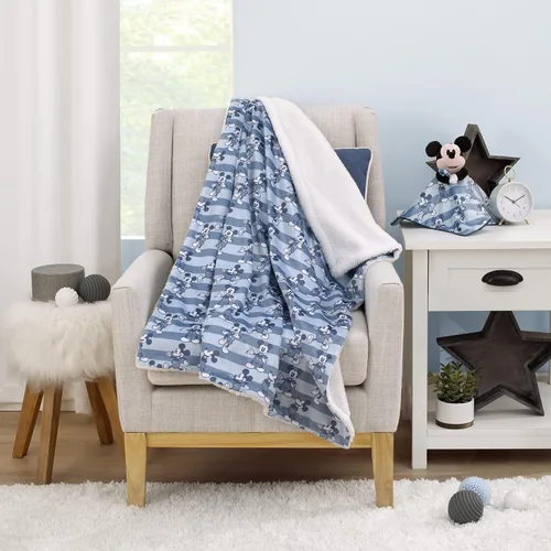 Vista 8 de Disney Mickey Mouse - Juego de 2 piezas de manta de bebé sherpa súper suave a rayas azules y azul marino