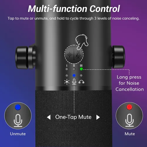 Vista 6 de TONOR Micrófono dinámico para juegos, transmisión de micrófono XLR/USB, cancelación de ruido AI, RGB controlable, Tap Mute, conector