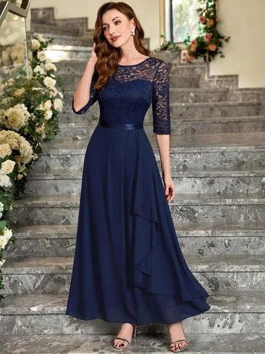 Vista 4 de Miusol Vestido largo de dama de honor con mangas 34 de contraste y encaje floral elegante para mujer