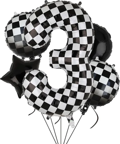 Vista 7 de Globo de números a cuadros de 40 pulgadas 0 globos de cumpleaños de coche de carreras en blanco y negro, globos de cumpleaños para bebé, hippie