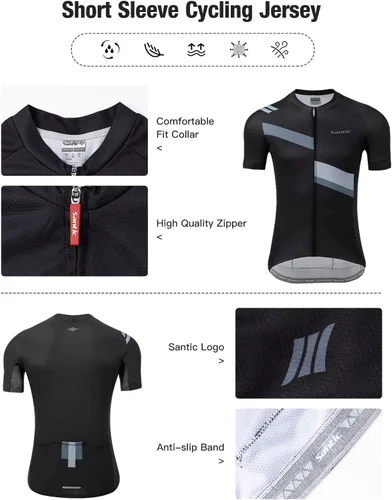 Vista 4 de Santic Camiseta de ciclismo para hombre, manga corta, camiseta de ciclismo de carretera, con cremallera completa, UPF 50+, MTB con bolsillos