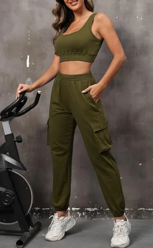 Vista 2 de FUPHINE Women's Two Piece Outfit Sleeveless Crop Tops with Cargo Pants Active Tracksuit Lounge Wear