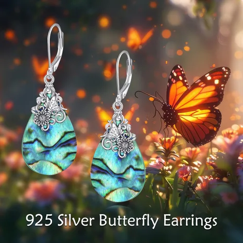 Vista 6 de POPLYKE - Aretes de plata de ley 925 con mariposa de libélula, colibrí, girasol, concha de abulón y piedra lunar, con cierre de palanca