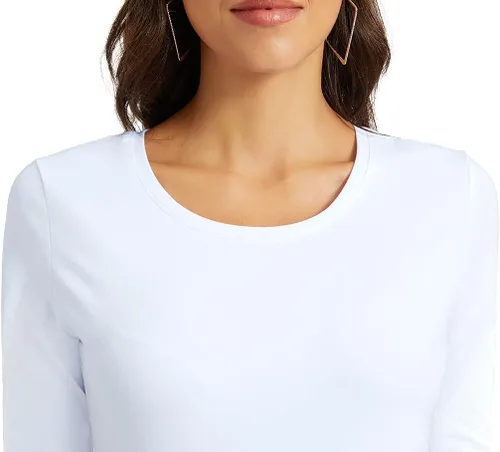 Vista 6 de Camiseta básica de manga 34 con cuello redondo para mujer, estilo casual, de algodón liso y delgado