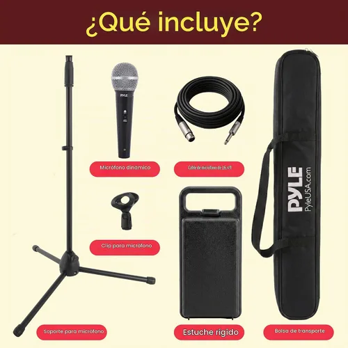 Vista 2 de Pyle PDMIC88ST - Kit de micrófono dinámico de mano profesional - Micrófono vocal unidireccional con cable con bolsa de transporte, soporte