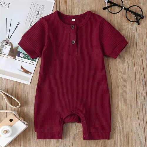 Vista 98 de Mameluco unisex de manga corta para bebé recién nacido, con botones, de una pieza, ropa de color sólido