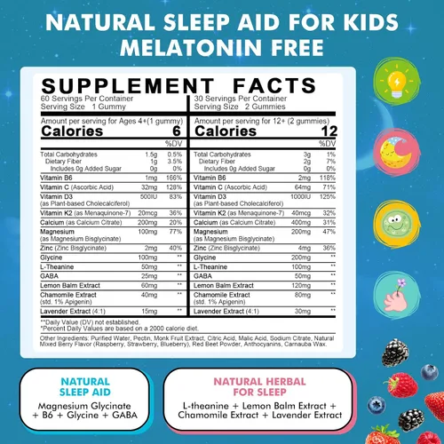 Vista 3 de Gomitas para dormir para niños con glicinato de magnesio, apoyo sin melatonina para dormir para niños, calma y relajación con L-teanina, GABA