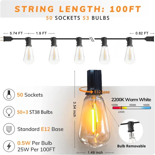 Vista 2 de Achin Luces de Cadena LED Regulables para Exteriores de 100 Pies, Luces de Patio Impermeables con 50+3 Bombillas Irrompibles ST38, Luces de Cadena