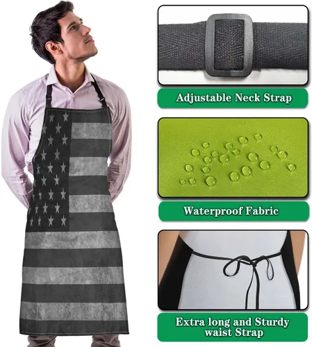 Vista 4 de Delantal de cocina para hombre, diseño de bandera estadounidense en blanco y negro, delantal de cocina para mujeres, para cocinar, restaurante