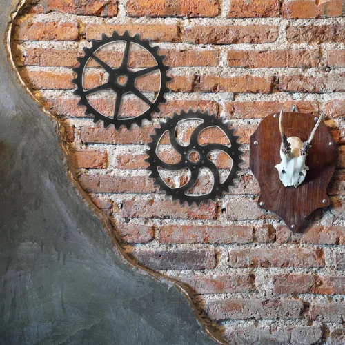 Vista 5 de VOSAREA Decoración de engranajes de madera 2pcs decoración de pared antigua arte industrial para sala de estar