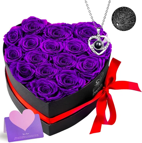 Vista 12 de Caja extra grande con forma de corazón de 16 rosas preservadas para siempre, con collar, regalos para el día de San Valentín para ella, novia