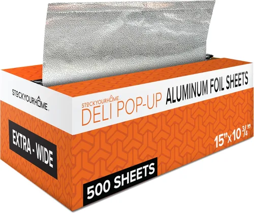 Vista 11 de 200 hojas de papel de aluminio precortadas para delicatessen - Hojas emergentes de 9 pulgadas para restaurante, cubiertas desechables para alimentos