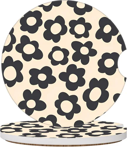Vista 11 de Posavasos de automóvil con diseño de arcoíris y flores beige para portavasos de automóvil, paquete de 2 posavasos para mujeres y hombres, 2.56