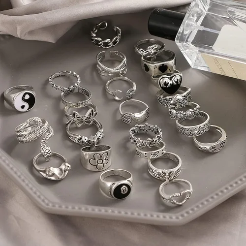 Vista 5 de IFKM Juego de 15-63 anillos de nudillos de plata vintage para mujeres y adolescentes anillos apilables de dedo articulado bohemios retro huecos