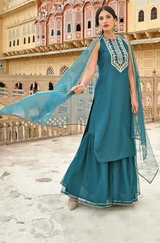 Vista 4 de Janasya Indian - Kurta bordada de seda de poliéster verde azulado para mujer con Sharara y Dupatta
