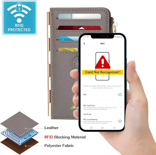 Vista 4 de Badiya Tarjetero de crédito para mujer, cartera RFID para mujer, organizador de tarjetas plegable delgado con funda para múltiples tarjetas