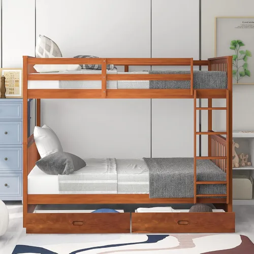 Vista 3 de Harper & Bright Designs Litera de tamaño matrimonial sobre matrimonial con cajones, litera de tamaño matrimonial, base de cama de madera maciza