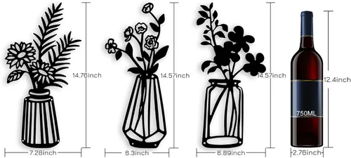 Vista 2 de Qzmaikoo 3 piezas de flores de metal negro para decoración de pared, jarrón, esculturas artísticas para colgar en interiores, cocina, baño, comedor