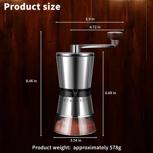 Vista 3 de Molinillo de café manual, capacidad de 6.53 oz con rebaba cónica de molienda de cerámica de 1.417 in, ajuste ajustable externo de 8 velocidades