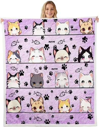 Vista 19 de Manta de franela de animales de dibujos animados para todas las estaciones, manta de cama azul con estampado de amor Kawaii para decoración