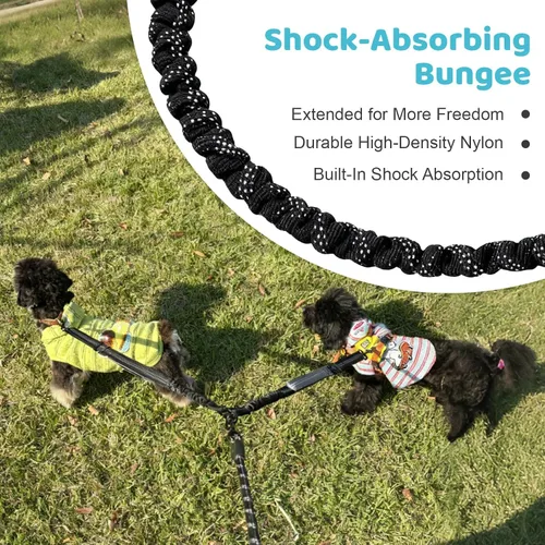 Vista 6 de Correa doble para perro, divisor sin enredos para dos perros, acoplador con cuerda de plomo larga ajustable, asas de control dual, elástico