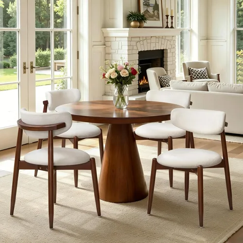 Vista 39 de CHUN YI Juego de 2 sillas de comedor tapizadas de madera maciza, sillas auxiliares de cocina de tela moderna de mediados de siglo con respaldo Beige