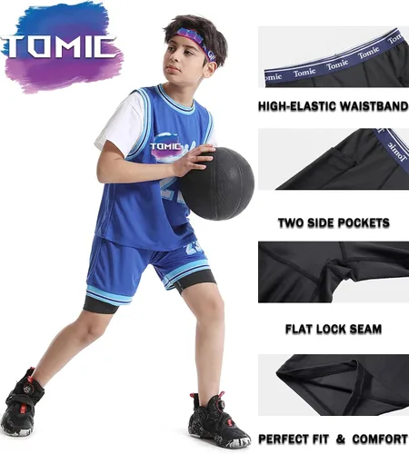 Vista 4 de Tomic Youth Boys' Compression Shorts 2-3Pack Performance Athletic Base Layers for Kids Sport Underwear Side Pocket